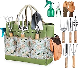 Outils de Jardinage, 9 pièces Ensemble de Jardinage en Acier Inoxydable avec XL Sac de Rangement, Arrosoir, Gants de, Cadeaux de kit Jardinage pour Homme et Femme