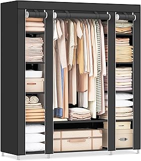 SONGMICS Armoire de Rangement en Tissu, Penderie avec Housse, Placard, Garde-robe, 45 x 150 x 175 cm, 12 Compartiments, Cadre en Métal, pour Chambre, Vestiaire, Noir LSF03H