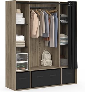 IDMarket - Dressing penderie DIANE 140 x 45 x 167 cm hêtre avec étagères + boites de rangement + rideau noir