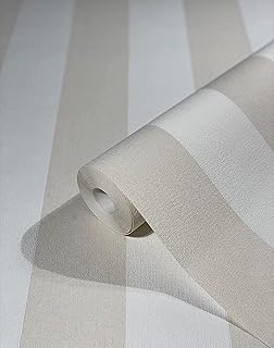 WALLCOVER Papier peint intissé beige à rayures style maison de campagne - Lignes modernes - Structure fine - 10,05 x 0,53 m - Fabriqué en Allemagne