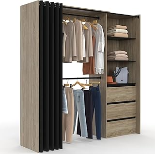IDMarket - Dressing extensible MARTY 120/170 x 50 x 180 cm hêtre avec 3 tiroirs + étagères + double penderie + rideau noir