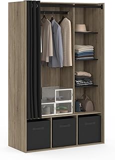 IDMarket - Dressing penderie Diane 105 x 50 x 172 cm hêtre avec étagères + boites de Rangement + Rideau Noir