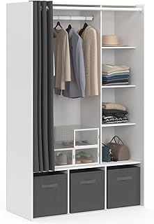 IDMarket - Dressing penderie DIANE 105 x 45 x 167 cm blanc avec étagères + boites de rangement + rideau gris