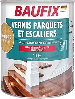 BAUFIX Vernis parquets et escaliers incolore, satinée brillante, 1 litres, Soin du bois, Vitrificateur pour intérieur, pratiquement sans odeur, également pour vernir les meubles